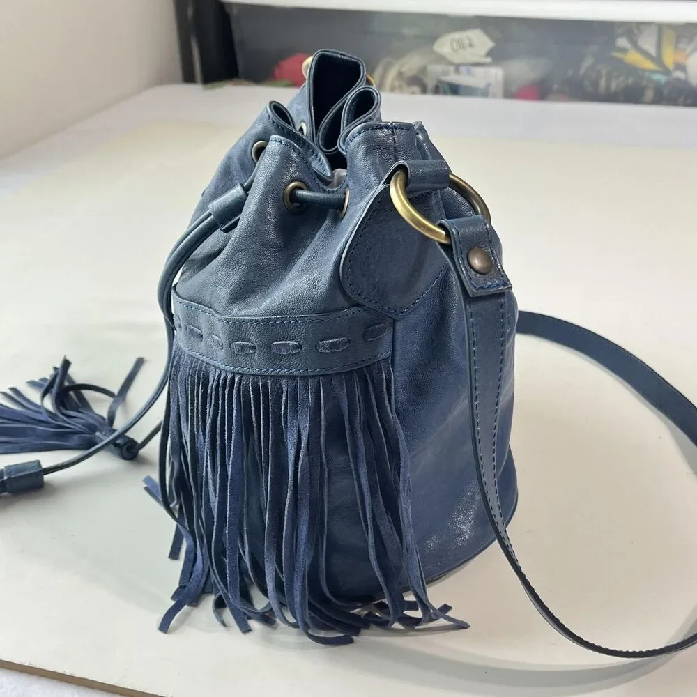 Johnny Was Leather Bucket Bag Womens Small Blue Fringe Boho Crossbody Italy Made